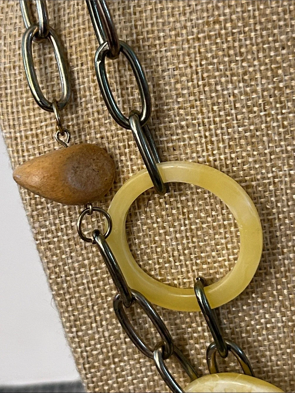 Yellow acrylic & goldtone chain Statement Necklace 21” long yellow clear tan - Picture 2 of 6